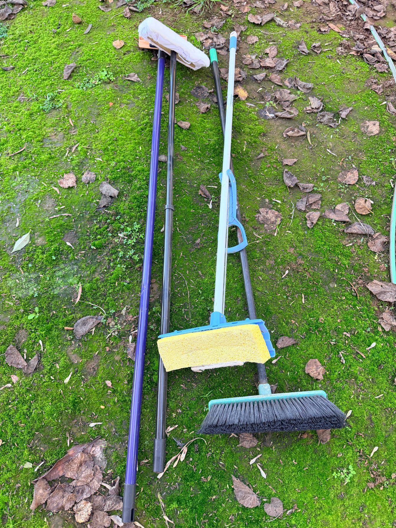(12950) 2 mops, broom, and decking paint brush